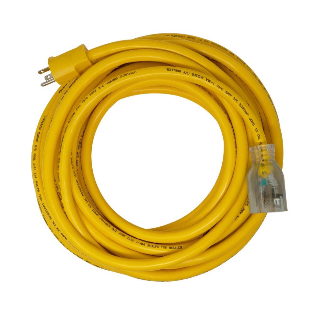 SOUTHWIRE, EXTENSIÓN PARA GENERADOR 10/3 SJTOW 50' AMARILLA CON CLAVIJA 5-20 AMARILLA Y CONTACTO CON INDICADOR LUMINOSO DE ENERGÍA