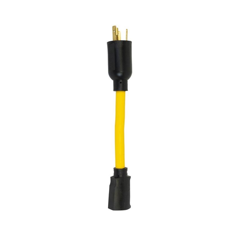 SOUTHWIRE, ADAPTADOR PARA GENERADOR 12/3 STW DE 9" AMARILLO DE GIRO Y BLOQUEO (TWIST-TO-LOCK) CON CLAVIJA NEGRA NEMA L5-20 Y RECEPTÁCULO 5-15