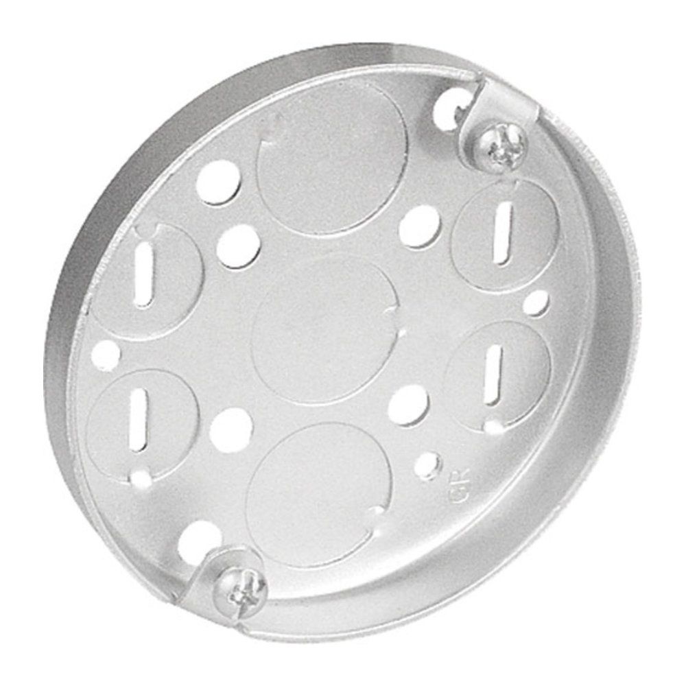 Caja Redonda Tipo Panqué de 3-1/2", 1/2" de Profundidad - Embutida con KO's para Conduit, Orejas para Luminaria 2-3/4" entre Centros