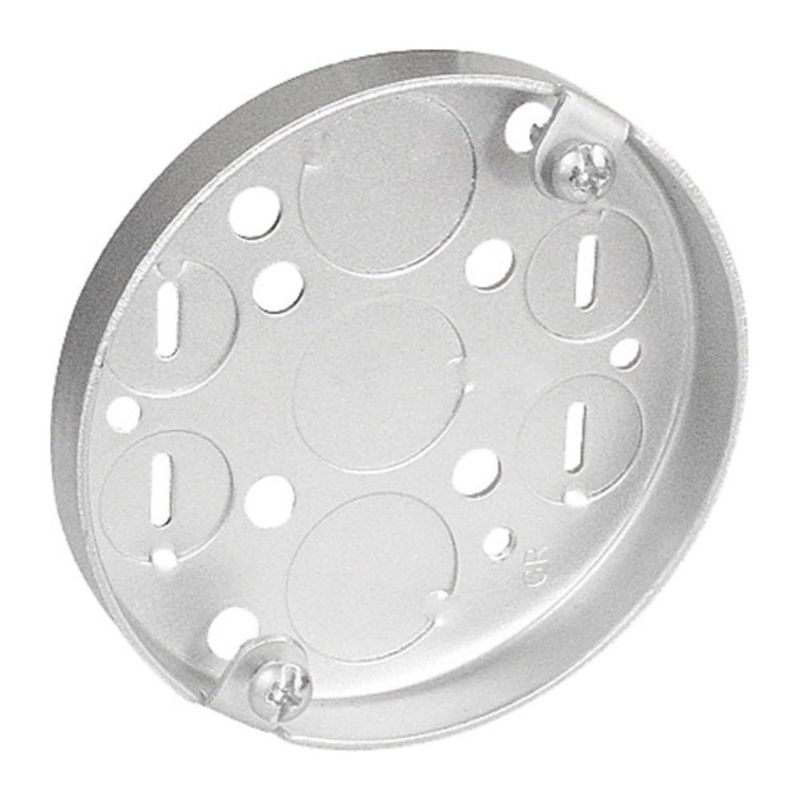 Caja Redonda Tipo Panqué de 3-1/2", 1/2" de Profundidad - Embutida con KO's para Conduit, Orejas para Luminaria 2-3/4" entre Centros