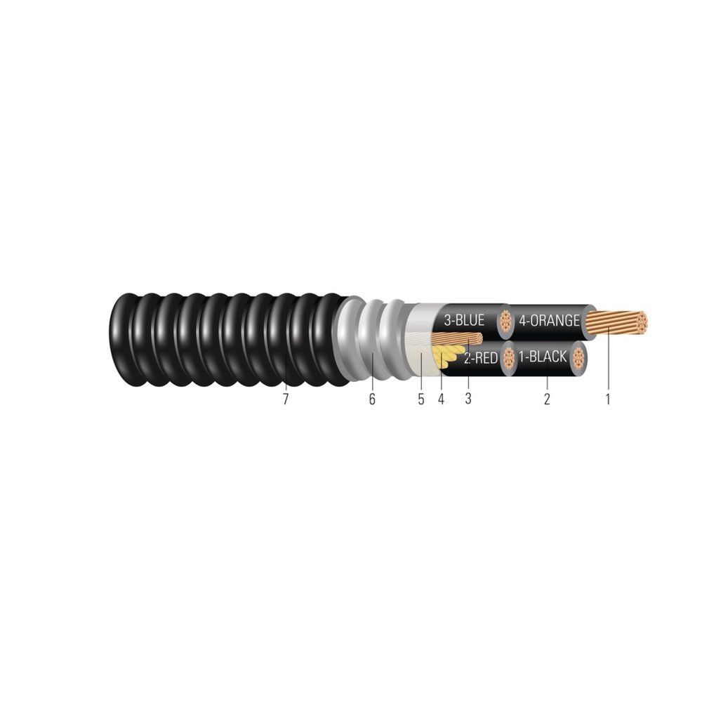 Cable CU 600/1000V Aislamiento XLPE Armadura ARMOR-X® Cubierta de PVC XHHW-2. Clasificado para Charola (CT) - Resistente a la Luz Solar - Para Enterramiento 6 AWG 7 hilos — Negro
