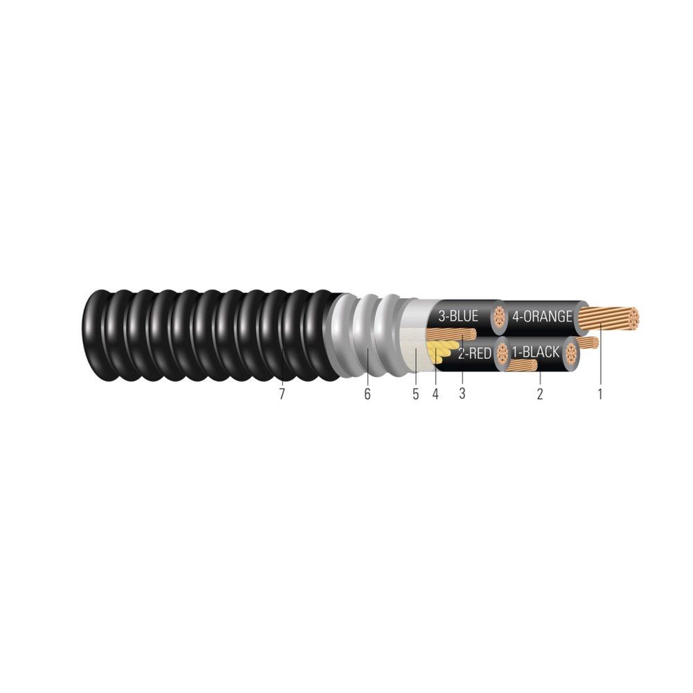 Cable CU 600/1000V Aislamiento XLPE Tierra al 50% Armadura AIA Cubierta de PVC XHHW-2. Clasificado para Charola (CT) - Resistente a la Luz Solar - Para Enterramiento 1/0 AWG 19 hilos