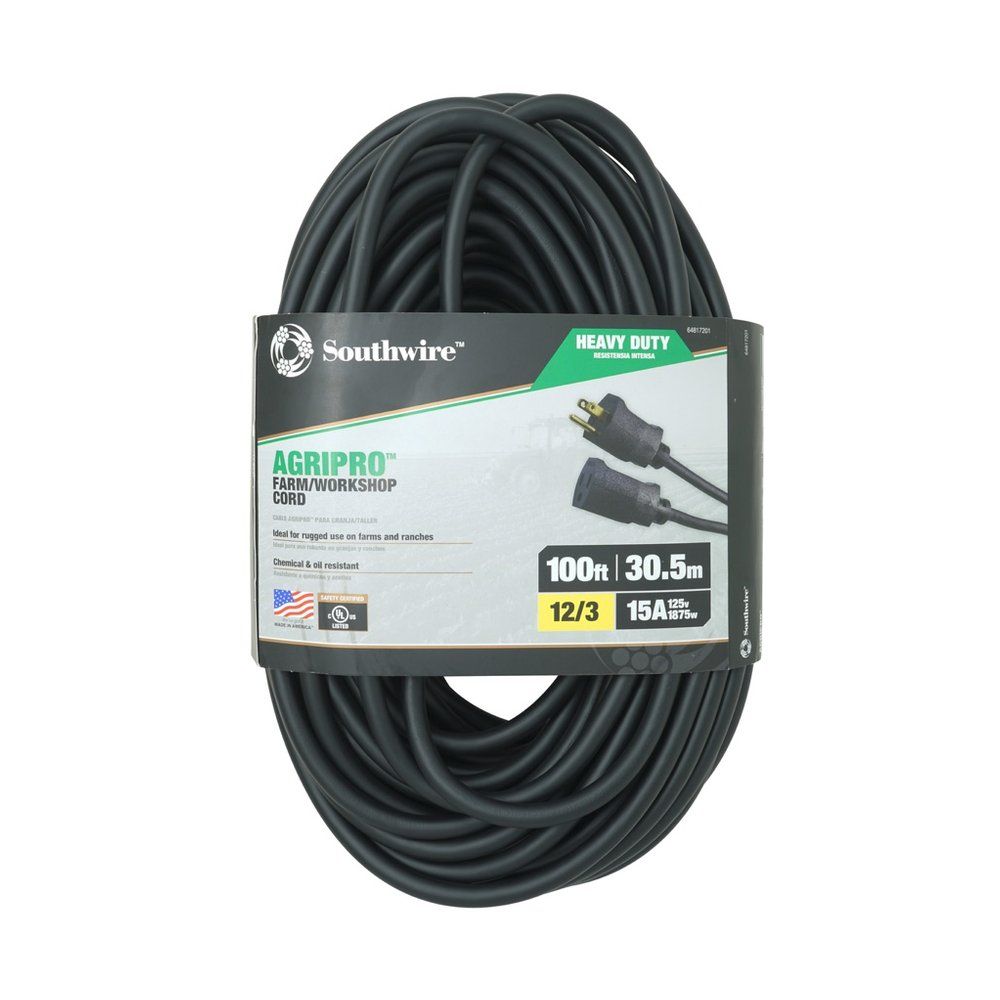 SOUTHWIRE, EXTENSIÓN ELÉCTRICA AGRIPRO 12/3 SJTOW 100 PIES NEGRA PARA EXTERIORES TALLER/GRANJA