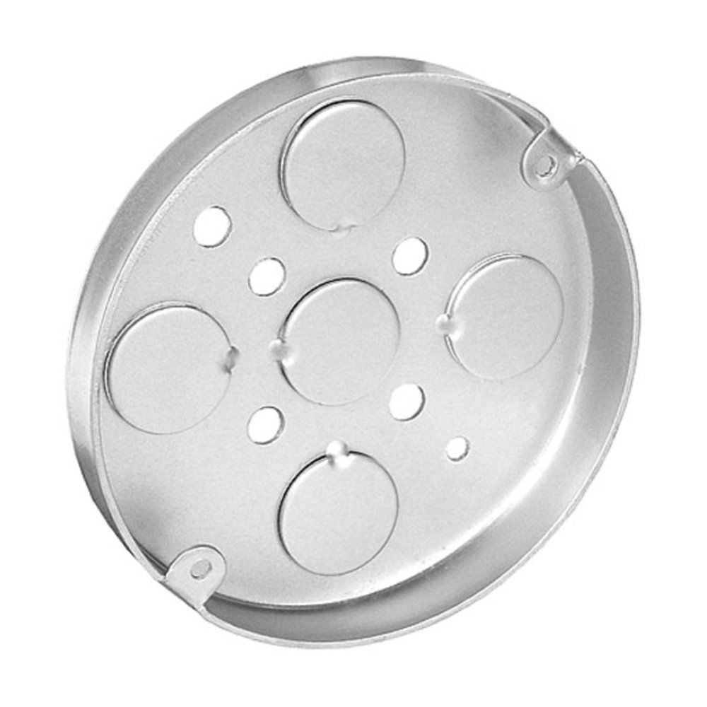 Caja Redonda Tipo Panqué de 4", 1/2" de Profundidad - Embutida con KO's para Conduit, Orejas para Luminaria 2-3/4" entre Centros