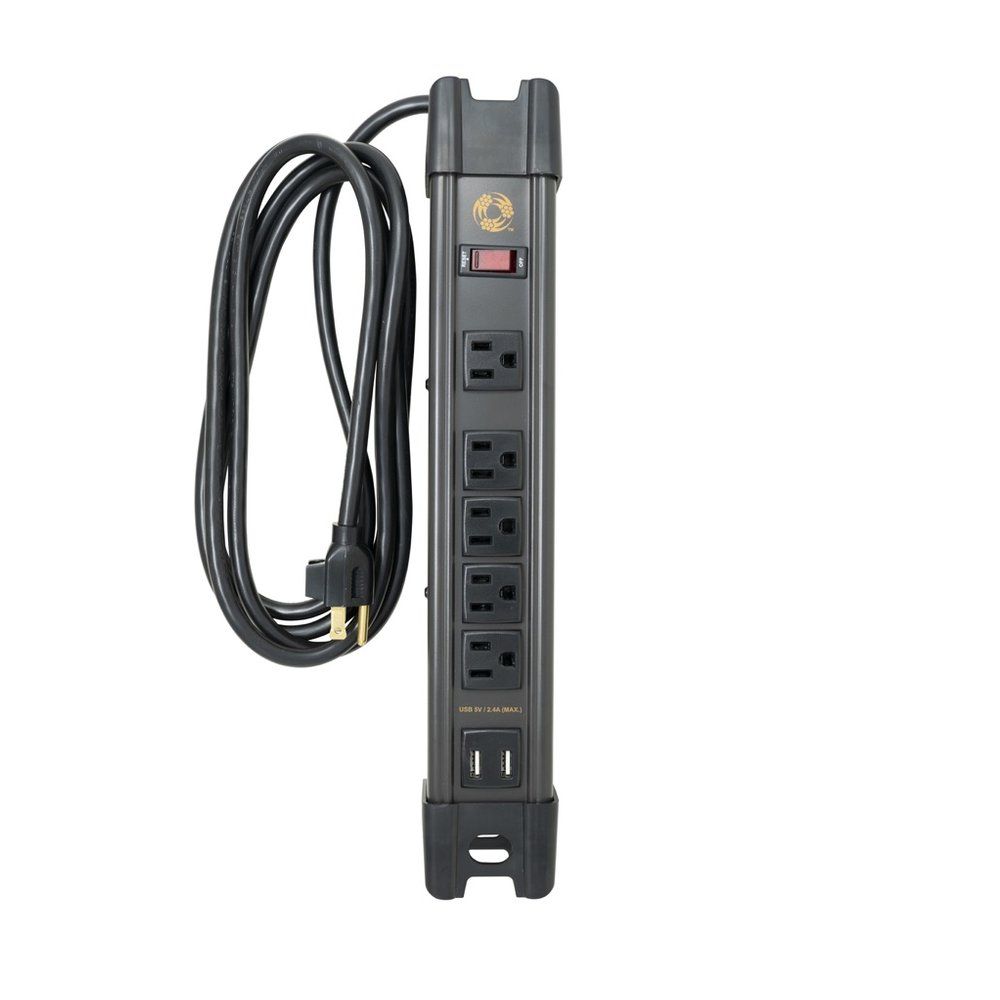 MULTICONTACTO METÁLICO MAGNÉTICO DE 5 SALIDAS, USB 2.4A, 2 IMANES DE TIERRAS RARAS, CABLE DE 8 PIES CON ORGANIZADOR DE CABLE