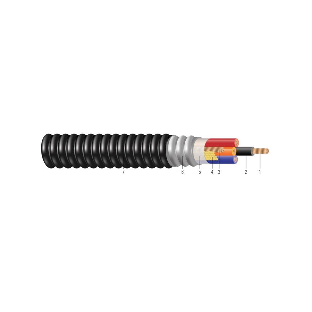 Cable CU 600V Aislamiento XLPE Chaqueta PVC con Armadura AIA XHHW-2. Clasificado para charola (CT) - Resistente a la luz solar - Para enterrado directo - Libre de 10 AWG 7 hilos