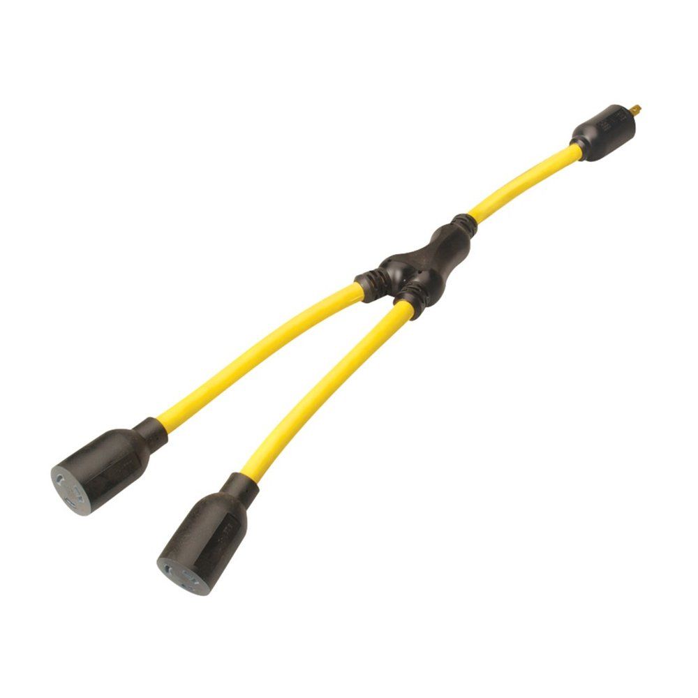 SOUTHWIRE, ADAPTADOR "Y" PARA GENERADOR 12/3 STW 20" AMARILLO DE GIRO Y BLOQUEO (TWIST-TO-LOCK) CON CLAVIJA NEMA L5-20P NEGRA Y (2) RECEPTÁCULOS L5-20