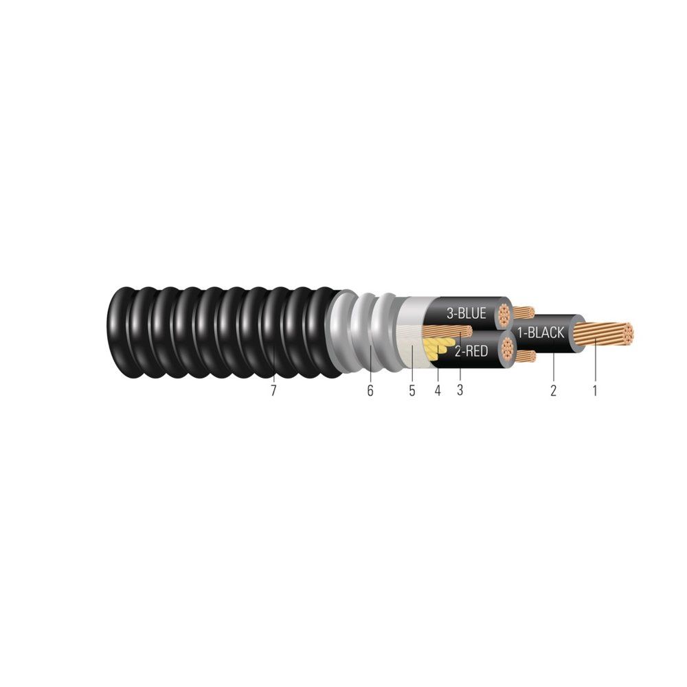 Cable CU 600/1000V Aislamiento XLPE Tierra al 50% Armadura AIA Cubierta de PVC XHHW-2. Clasificado para Charola (CT) - Resistente a la Luz Solar - Para Enterramiento 1/0 AWG 19 hilos