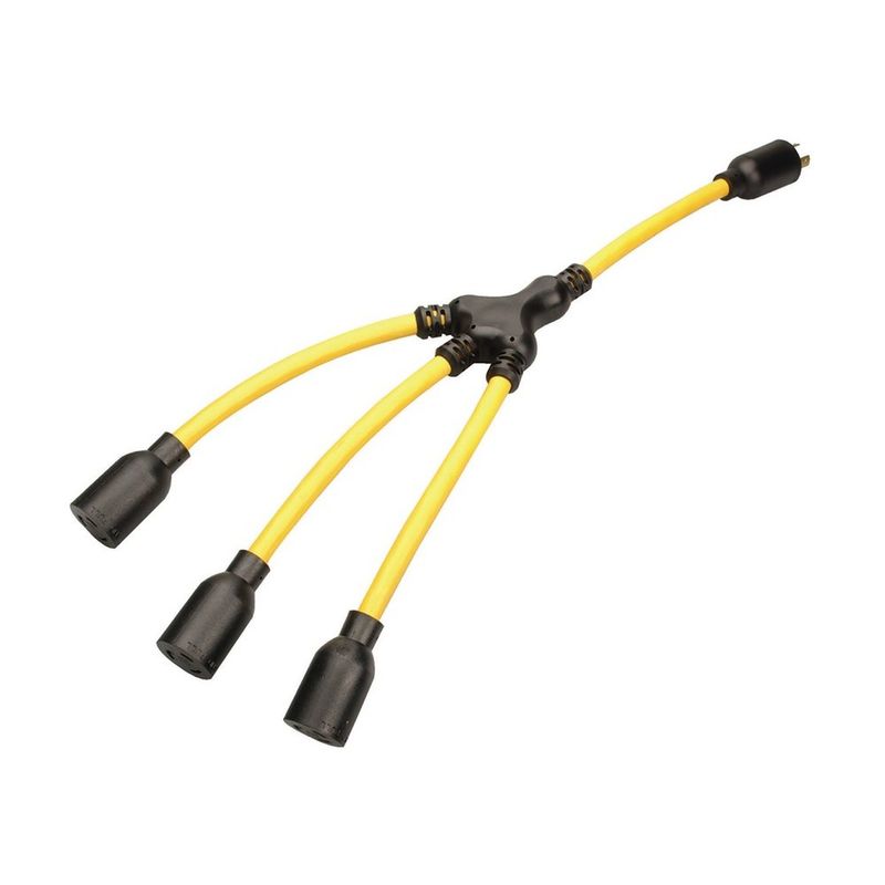 SOUTHWIRE, GENERADOR 12/3 STW 2' AMARILLO ADAPTADOR "W" DE GIRO Y BLOQUEO (TWIST-TO-LOCK) CON CLAVIJA NEGRA NEMA L5-20 Y (3) RECEPTÁCULOS L5-20