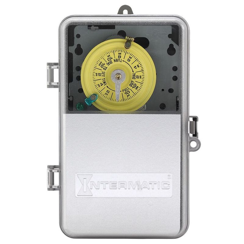 T101PCD82 — Interruptor horario mecánico de 24 horas, 120 VCA, 60 Hz, SPST, gabinete plástico para interior/exterior con puerta transparente, intervalo de 1 hora