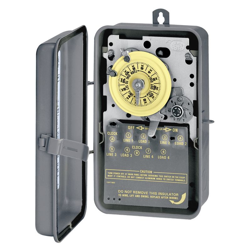 T1472BR — Temporizador mecánico de 24 horas con función Skip-a-Day (omitir día), 208-277 VCA, 60 Hz, 4-SPST, gabinete metálico para exterior, intervalo de 1 hora