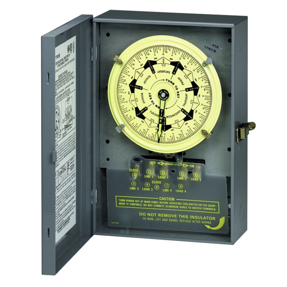 T7801BC — Temporizador mecánico de 7 días, 120 VCA, 60 Hz, 2 NA/2 NC, gabinete metálico para interior, intervalo de 3.5 horas