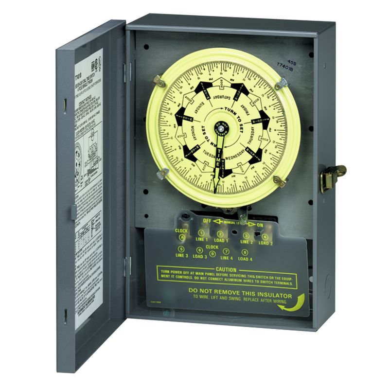 T7801BC — Temporizador mecánico de 7 días, 120 VCA, 60 Hz, 2 NA/2 NC, gabinete metálico para interior, intervalo de 3.5 horas