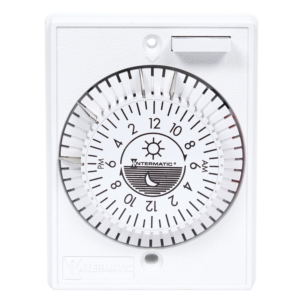 E1020 — Temporizador mecánico de empotrar en pared de uso rudo, 24 horas, 125 VCA, 15 A, topes removibles, blanco