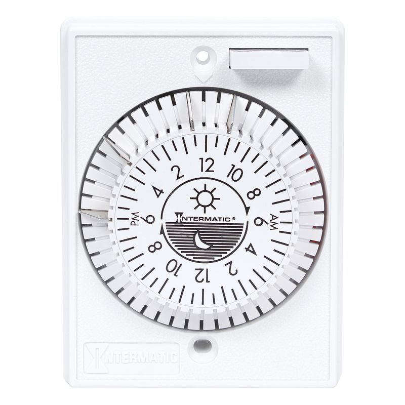 E1020 — Temporizador mecánico de empotrar en pared de uso rudo, 24 horas, 125 VCA, 15 A, topes removibles, blanco