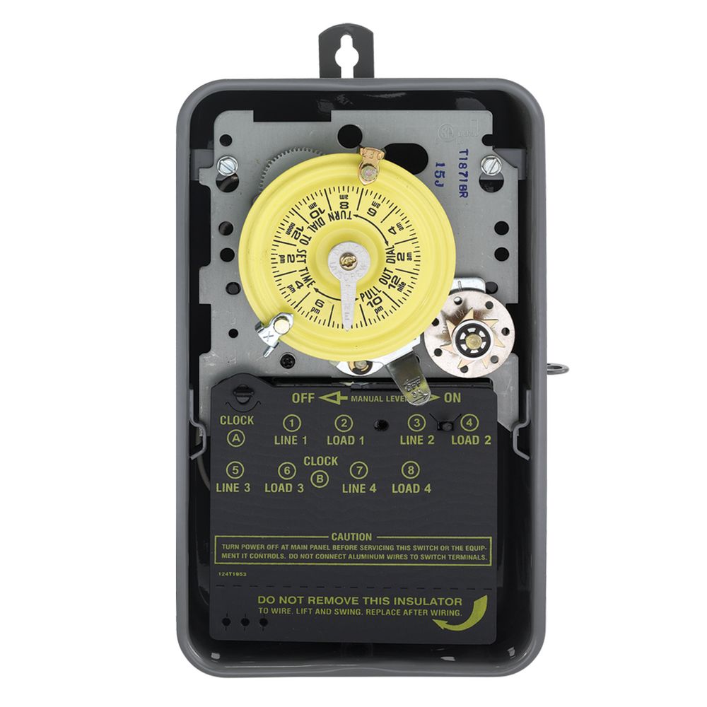 T1871BR — Temporizador mecánico de 24 horas con función Skip-a-Day (omitir día), 120 VCA, 60 Hz, 2 NA/2 NC, gabinete metálico para exterior, intervalo de 1 hora