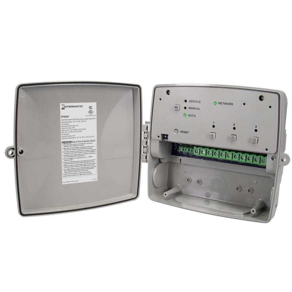 ETW3CP — Temporizador inteligente Wi-Fi programable de 365 días, 120-277 VCA, 3x SPDT, gabinete plástico para interior/exterior