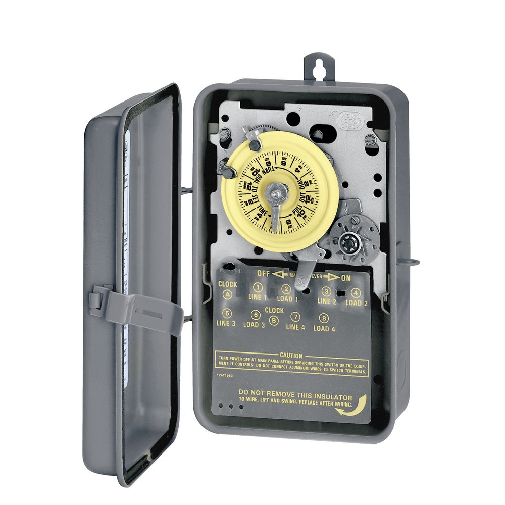 T1205R — Temporizador mecánico de 24 horas, 480 VCA, 60 Hz, DPST, gabinete metálico para interior/exterior, intervalo de 1 hora