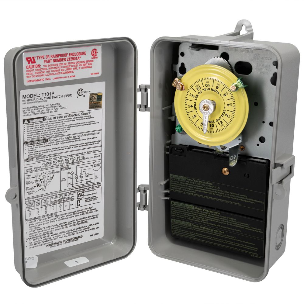 T101P — Interruptor horario mecánico de 24 horas, 120 VCA, 60 Hz, SPST, gabinete plástico para interior/exterior, intervalo de 1 hora
