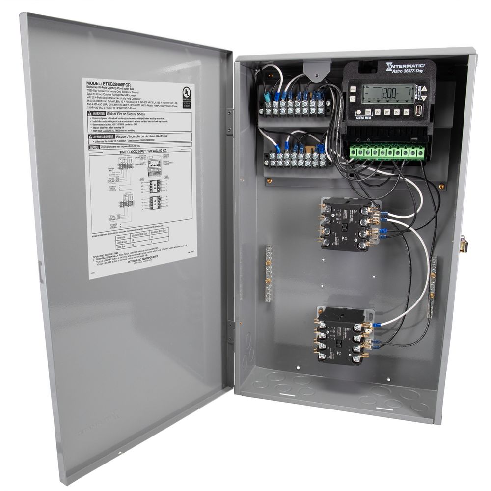 ETCB28458PCR — Caja para contactor de iluminación ampliada de 8 polos, 120-480 VCA, 60 Hz, 2x 4PST, gabinete metálico para exterior