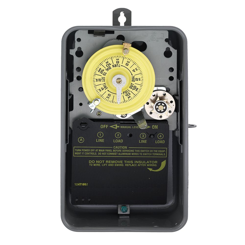 T174R — Temporizador mecánico de 24 horas con función Skip-a-Day (omitir día), 208-277 VCA, 60 Hz, DPST, gabinete metálico para exterior, intervalo de 1 hora