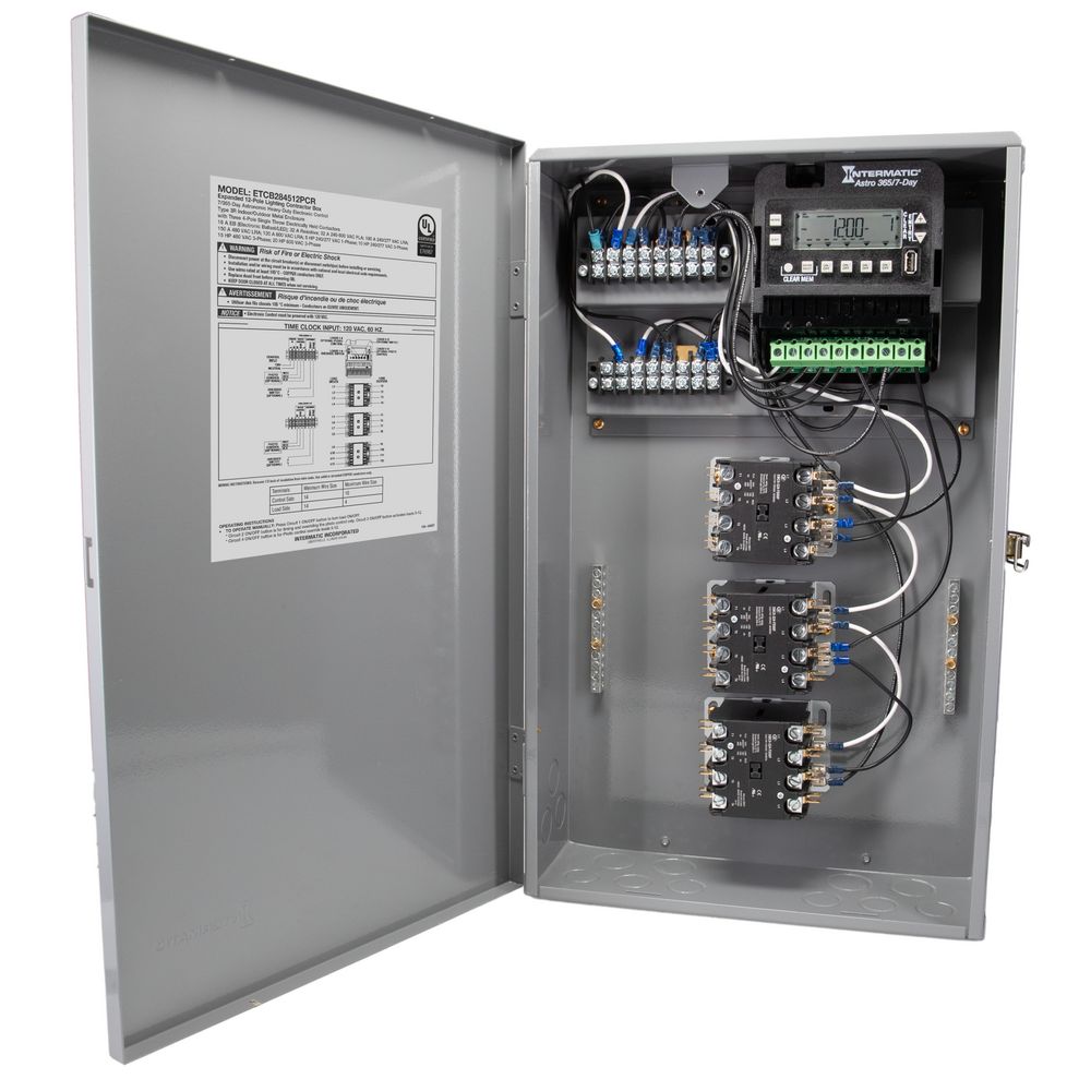 ETCB284512PCR — Caja para contactor de iluminación ampliada de 12 polos, 120-480 VCA, 60 Hz, 3x 4PST, gabinete metálico para exterior