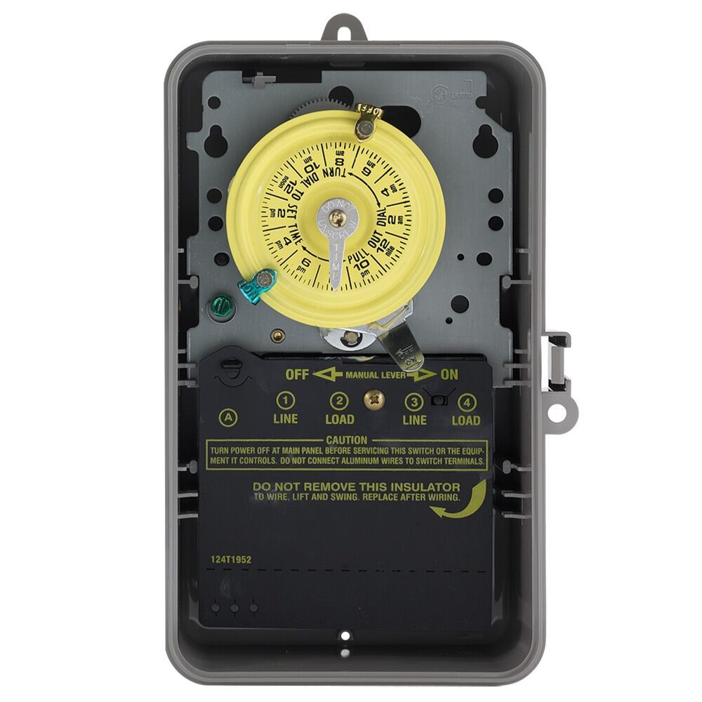 T104PCD82 — Interruptor horario mecánico de 24 horas, 208-277 VCA, 60 Hz, DPST, gabinete plástico para interior/exterior con puerta transparente, intervalo de 1 hora