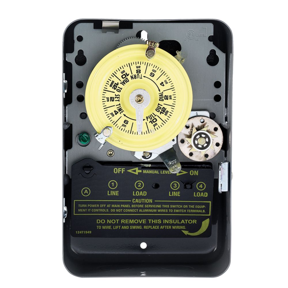 T173 — Temporizador mecánico de 24 horas con función Skip-a-Day (omitir día), 120 VCA, 60 Hz, DPST, gabinete metálico para interior, intervalo de 1 hora