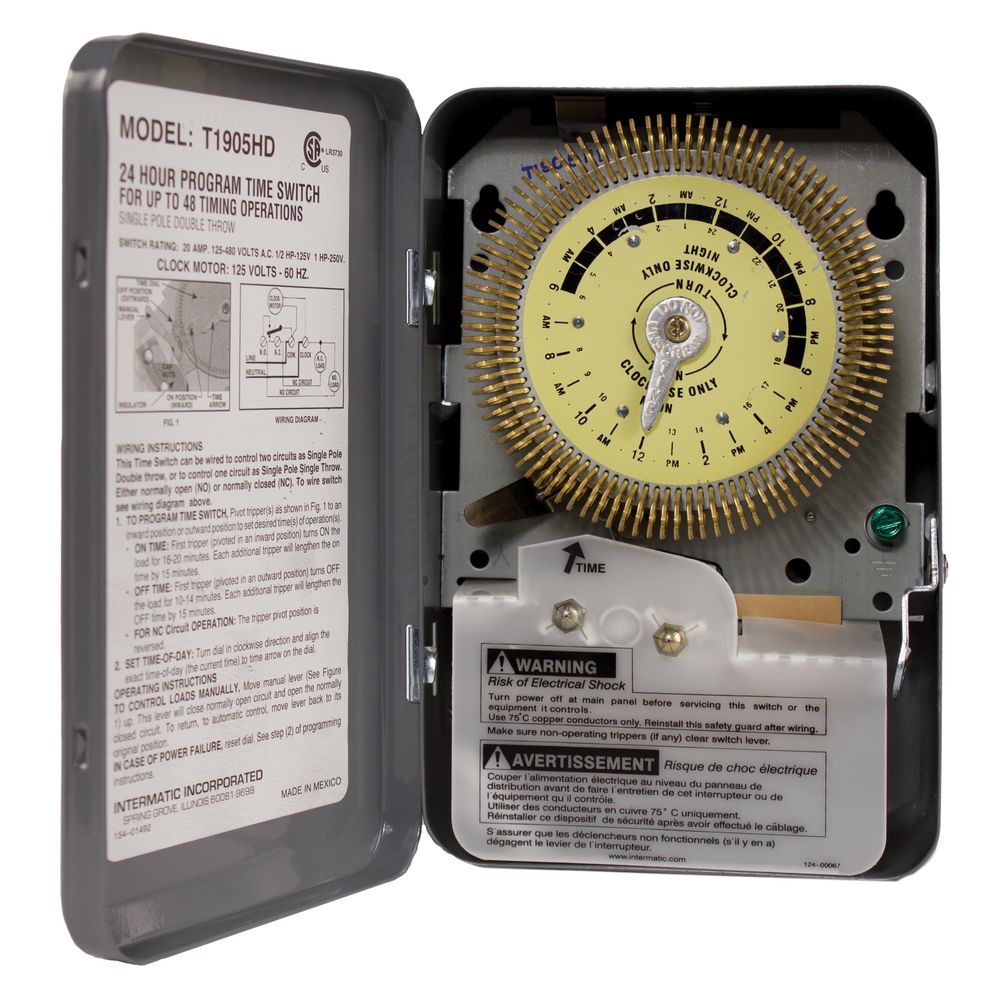 T1905HD — Temporizador mecánico de 24 horas de servicio pesado con carátula metálica, 125 VCA, 60 Hz, SPDT, gabinete metálico para interior, intervalo de 15 minutos