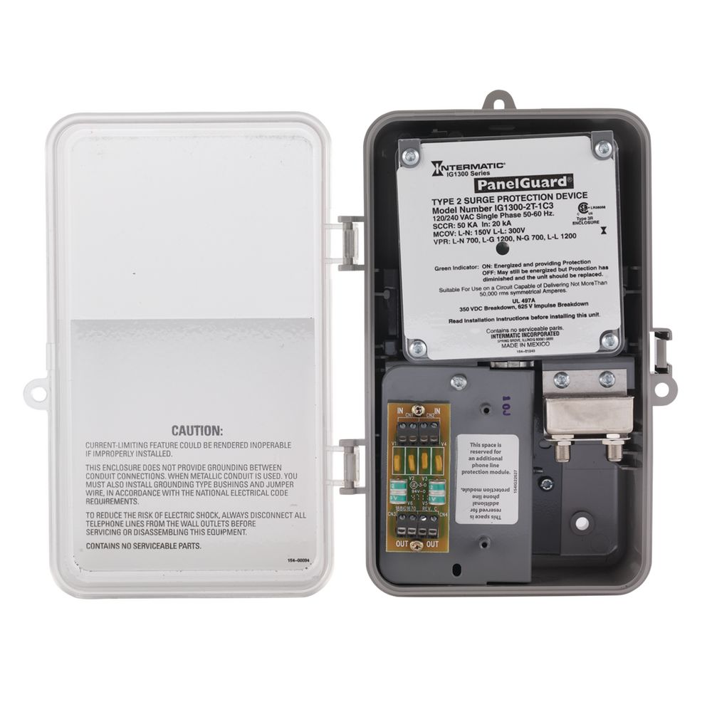 IG1300-2T-1C3 — Supresor de sobretensiones, 2 líneas telefónicas, 1 línea coaxial, 6 modos, 120/240 V CA monofásico, Tipo 2