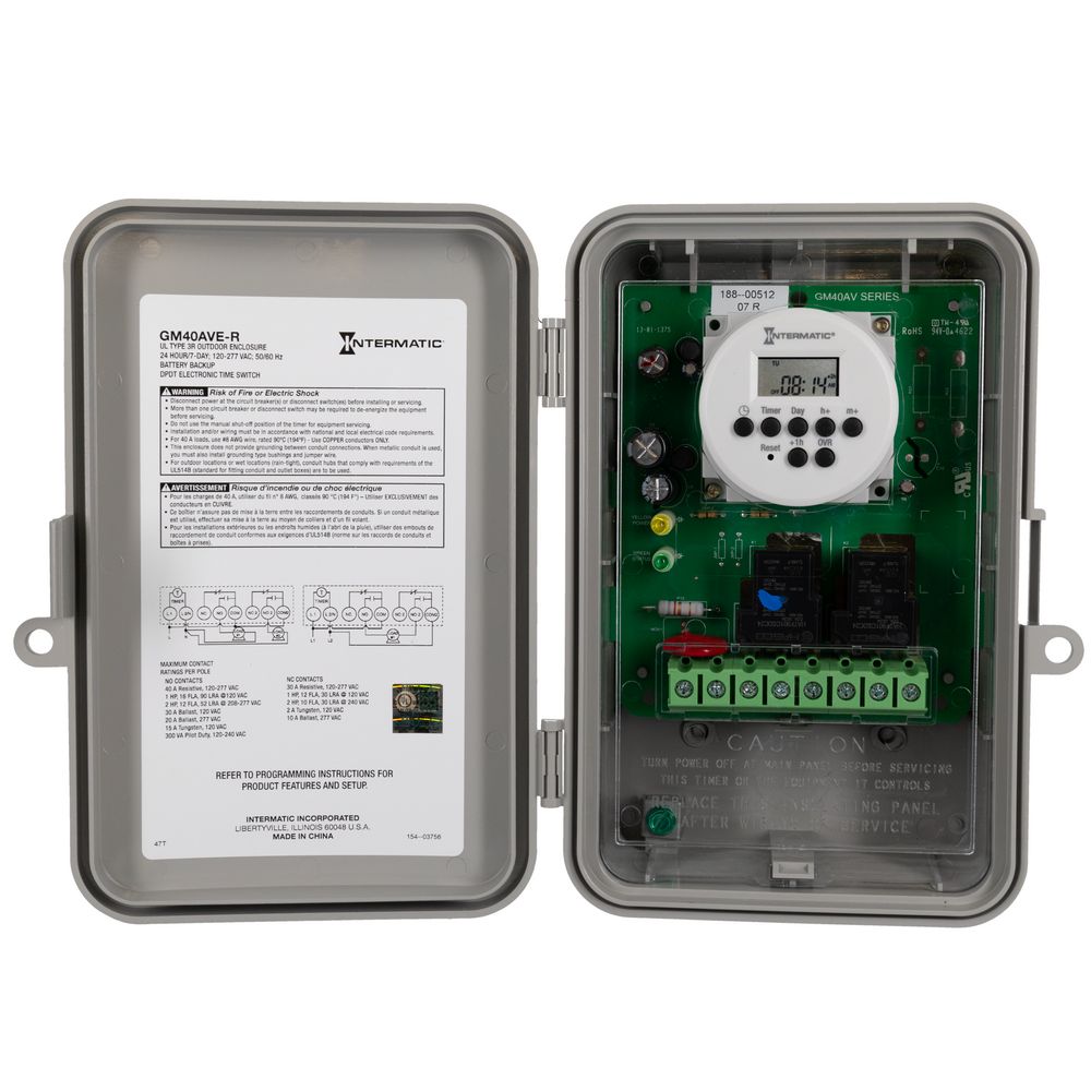 GM40AVE-RD89 — Control de tiempo electrónico de 24 horas o 7 días, 120-277 V, 40 A, gabinete plástico para exterior tipo 3R