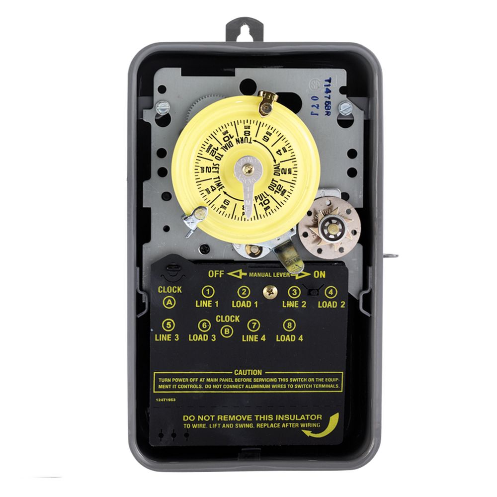 T1475BR — Temporizador mecánico de 24 horas con función Skip-a-Day (omitir día), 480 VCA, 60 Hz, 4-SPST, gabinete metálico para exterior, intervalo de 1 hora