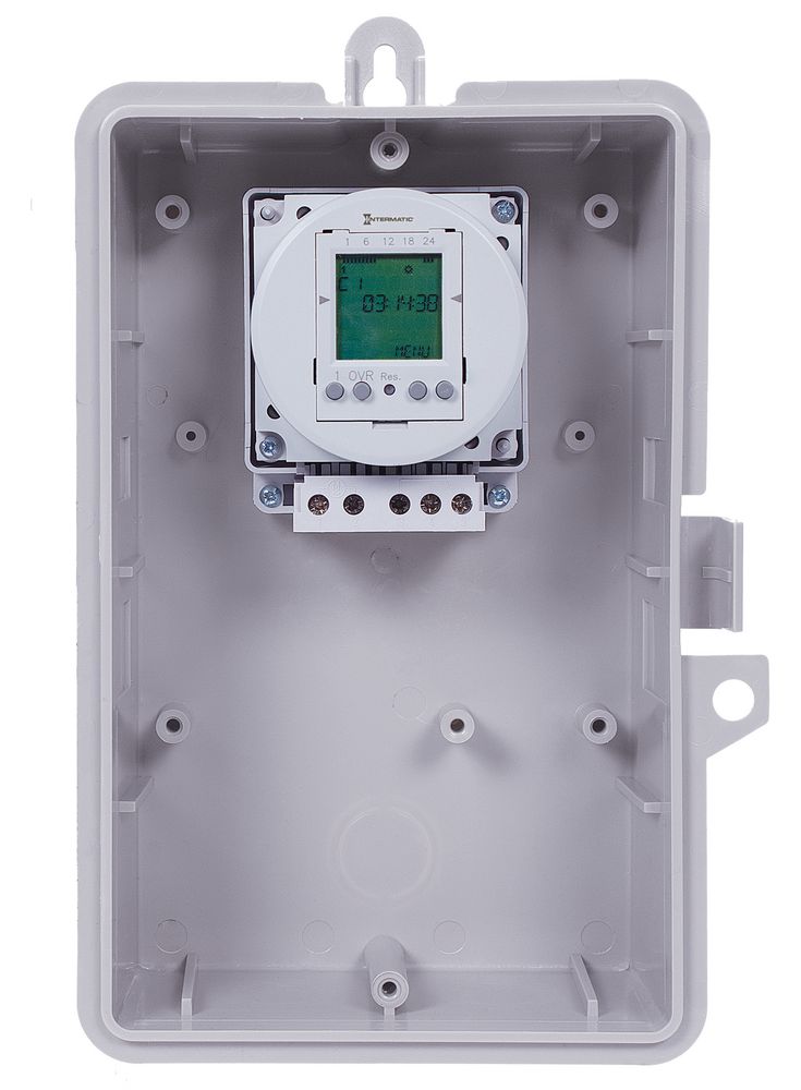 GMXFM1D20-I-LV — Control de tiempo electrónico de 24 horas o 7 días, 12/24 V, 15 A, 20 programas de puntos de ajuste, SPDT, gabinete plástico de interior Tipo 1