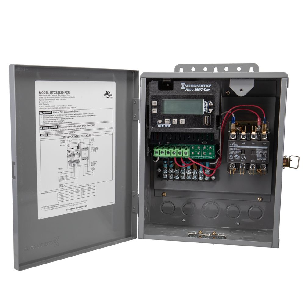 ETCB28254PCR — Caja para contactor de iluminación ampliada de 4 polos, 120-480 VCA, 60 Hz, 4PST, gabinete metálico para exterior