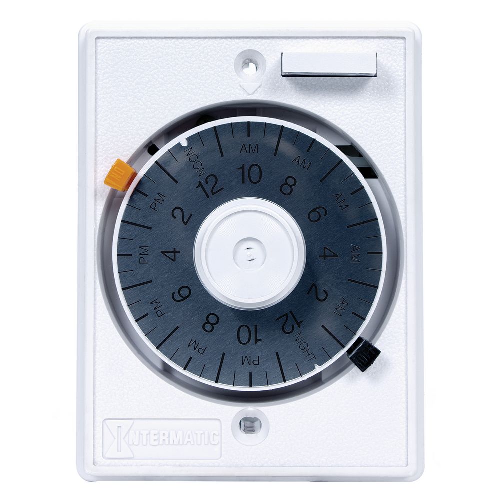 E1010 — Temporizador mecánico de empotrar en pared de uso rudo, 24 horas, 125 VCA, 15 A, topes fijos, blanco