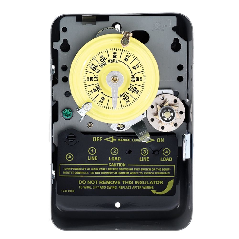 T174 — Temporizador mecánico de 24 horas con función Skip-a-Day (omitir día), 208-277 VCA, 60 Hz, DPST, gabinete metálico para interior, intervalo de 1 hora