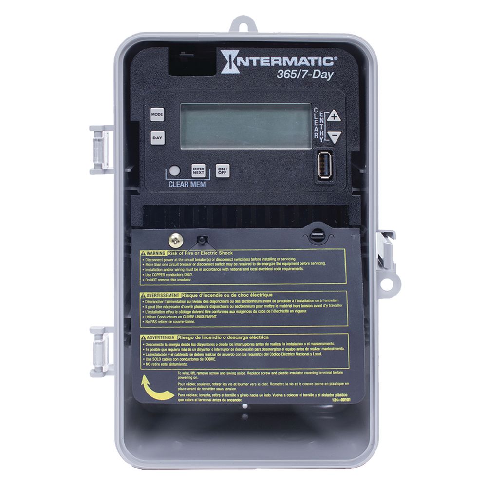 ET2705CP — Control electrónico de 1 circuito de 7 días/365 días, 120-277 VCA, SPST, gabinete plástico para interior/exterior