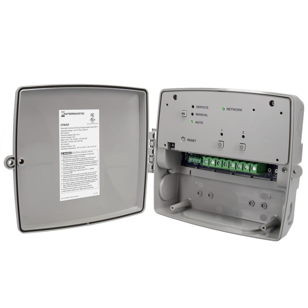ETW2CP — Temporizador inteligente Wi-Fi programable de 365 días, 120-277 VCA, 2x SPDT, gabinete plástico para interior/exterior