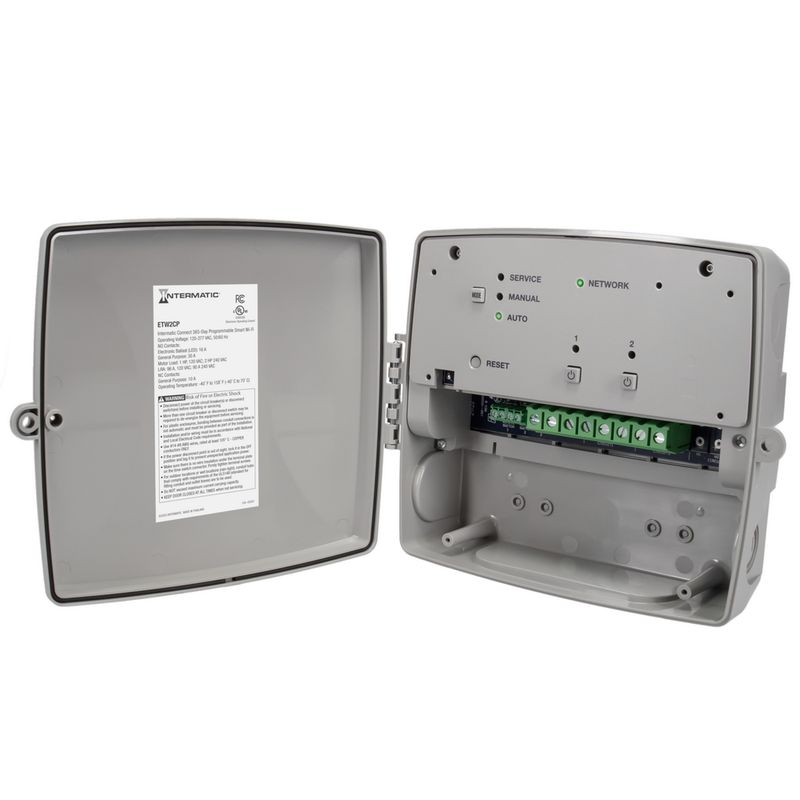 ETW2CP — Temporizador inteligente Wi-Fi programable de 365 días, 120-277 VCA, 2x SPDT, gabinete plástico para interior/exterior