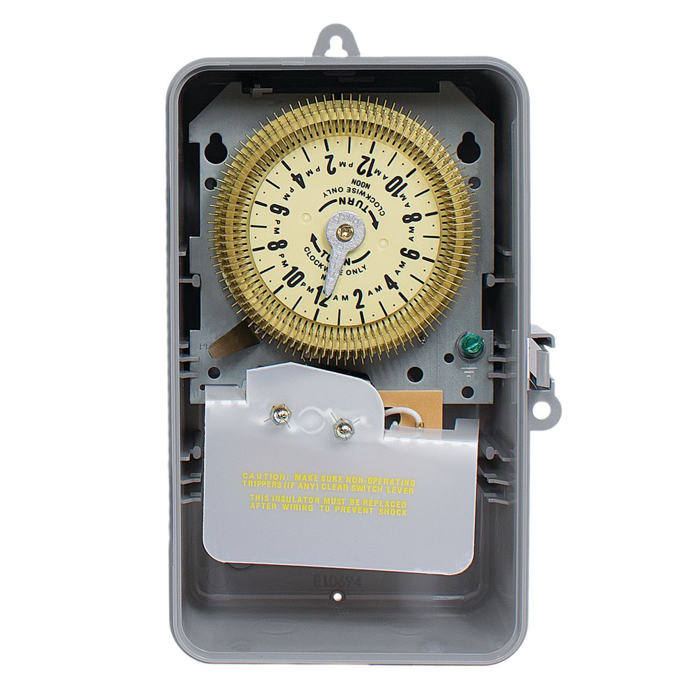 T1905P — Temporizador mecánico de 24 horas, 125 VCA, 60 Hz, SPDT, gabinete plástico para interior/exterior, intervalo de 15 minutos