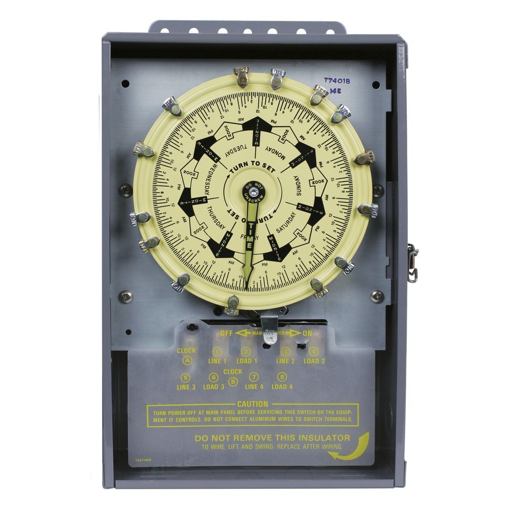 T7401B — Temporizador mecánico de 7 días, 120 VCA, 60 Hz, 4-SPST, gabinete metálico para interior, intervalo de 3.5 horas