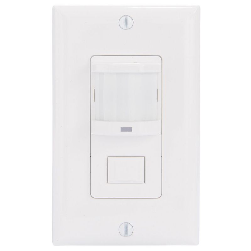 IOS-DPBIMF-WH — Sensor de ocupación PIR de pared con botón, residencial, no requiere neutro, blanco