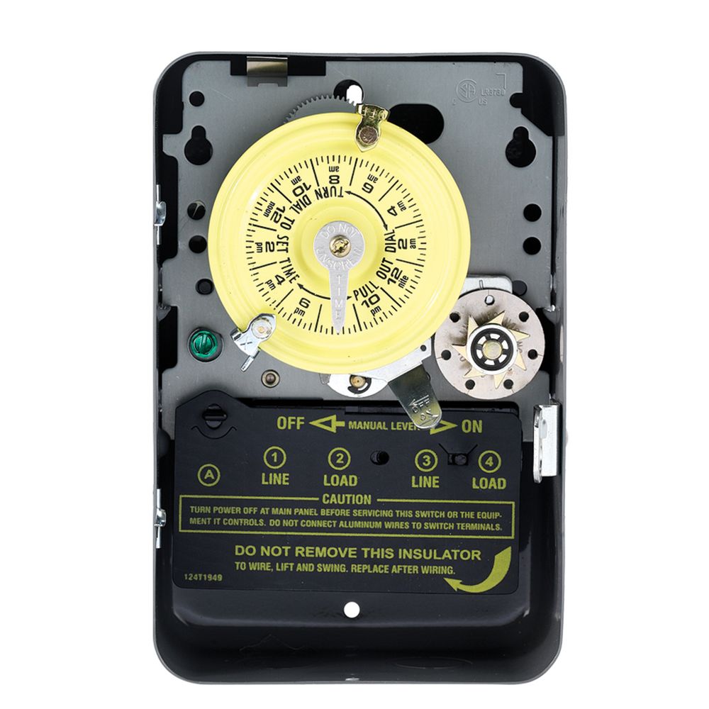 T175 — Temporizador mecánico de 24 horas con función Skip-a-Day (omitir día), 120 VCA, 60 Hz, 1 NA/1 NC, gabinete metálico para interior, intervalo de 1 hora