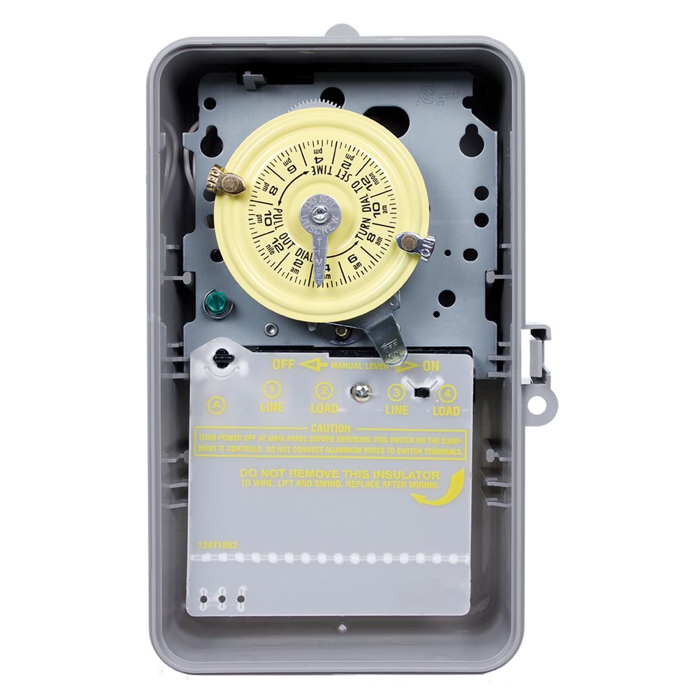T104P — Interruptor horario mecánico de 24 horas, 208-277 VCA, 60 Hz, DPST, gabinete plástico para interior/exterior, intervalo de 1 hora