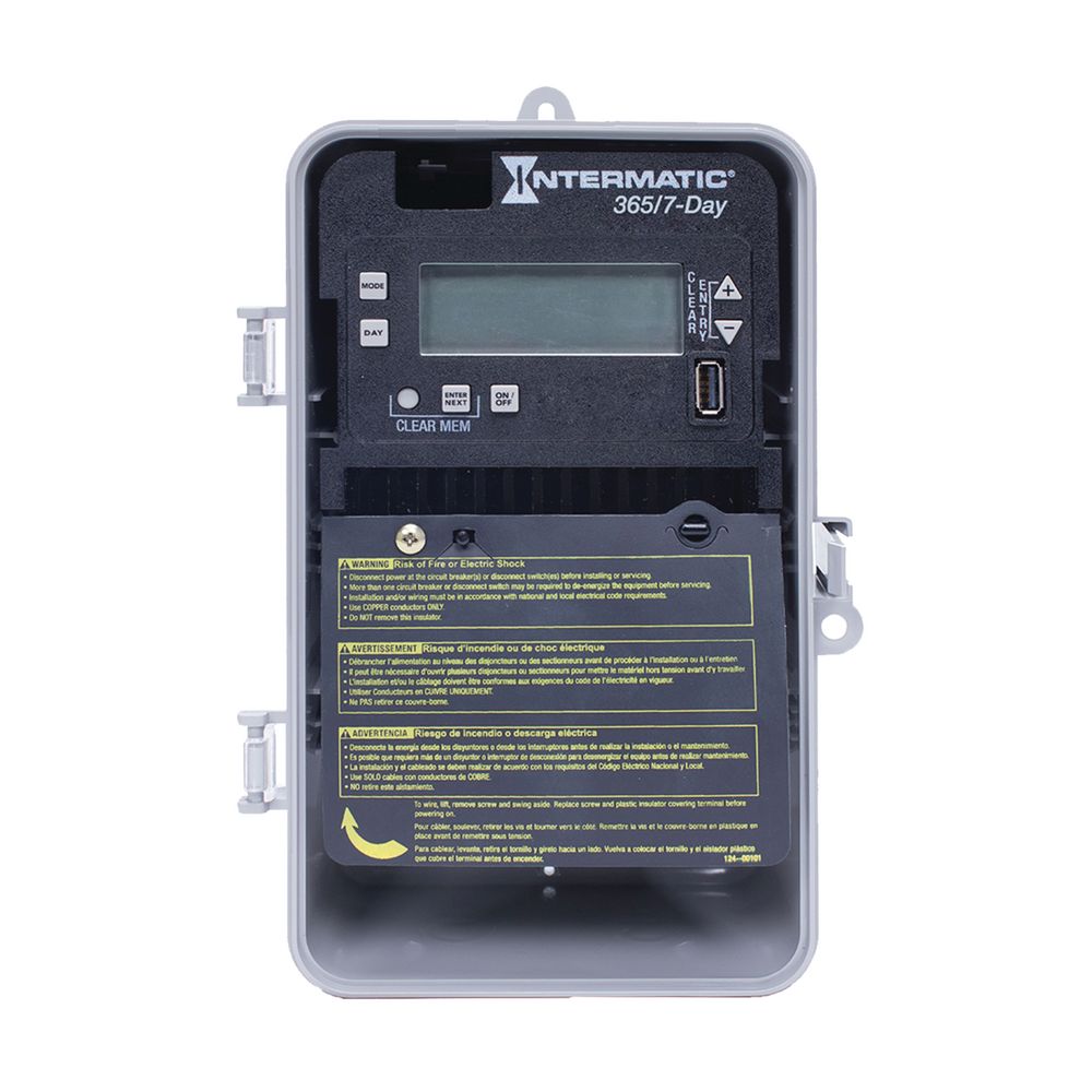 ET2715CP — Control electrónico de 1 circuito de 7 días/365 días, 120-277 VCA, SPDT, gabinete plástico para interior/exterior