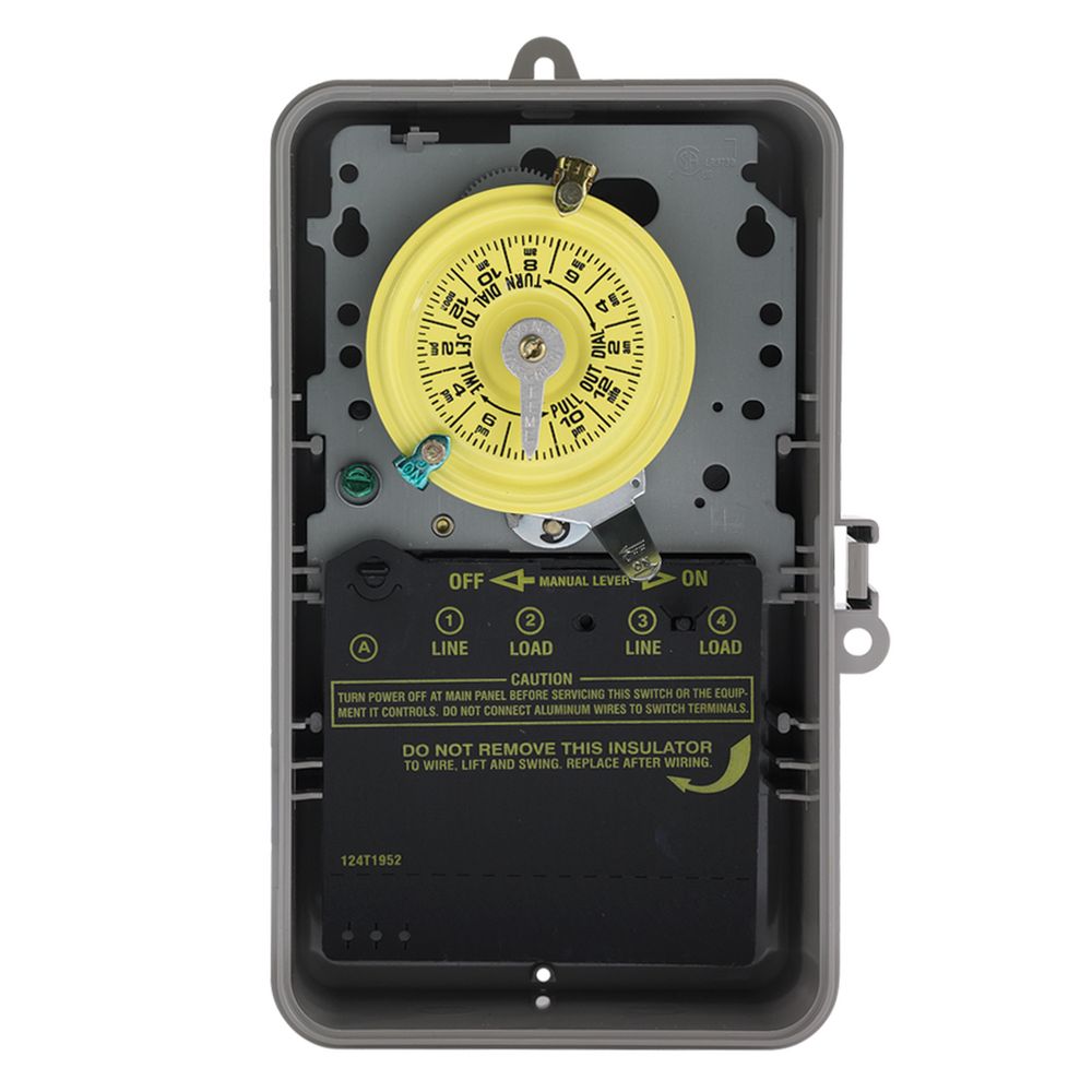 T103PCD82 — Interruptor horario mecánico de 24 horas, 120 VCA, 60 Hz, DPST, gabinete plástico para interior/exterior con puerta transparente, intervalo de 1 hora