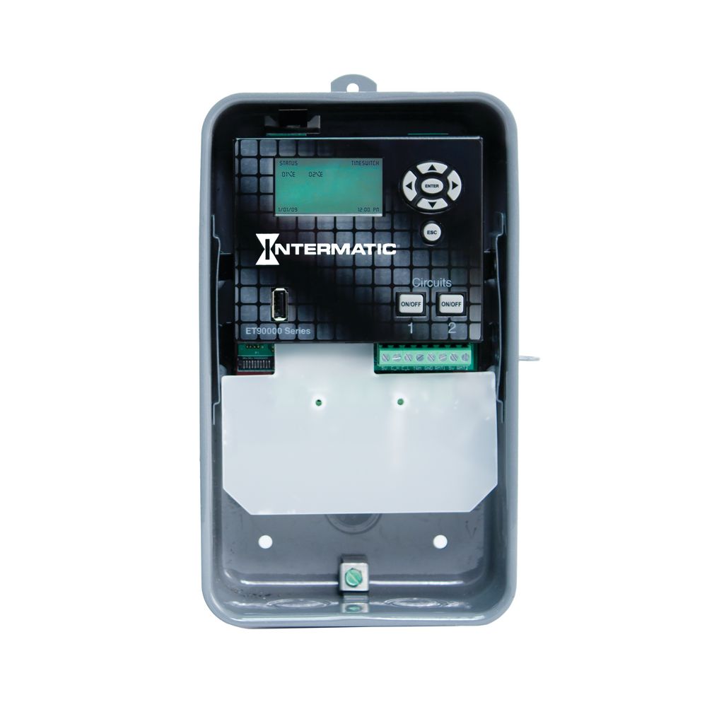 ET90215CR — Control electrónico astronómico de 2 circuitos de 365 días, 120-277 VCA, 50/60 Hz, 2 SPDT, gabinete metálico para exterior, Ethernet opcional