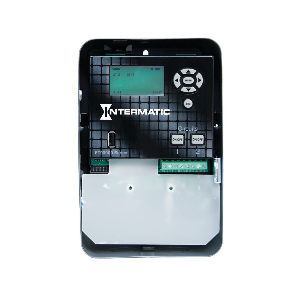 ET90215C — Control electrónico astronómico de 2 circuitos de 365 días, 120-277 VCA, 50/60 Hz, 2 SPDT, gabinete metálico para interior, Ethernet opcional
