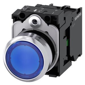 3SU11560AB501BA0 — Pulsador luminoso completo 22 mm redondo, metálico, azul, con contacto