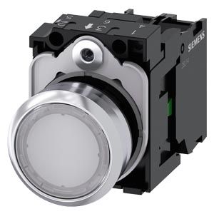 3SU11520AB601BA0 — Pulsador luminoso completo 22 mm redondo, metálico, blanco, con contacto